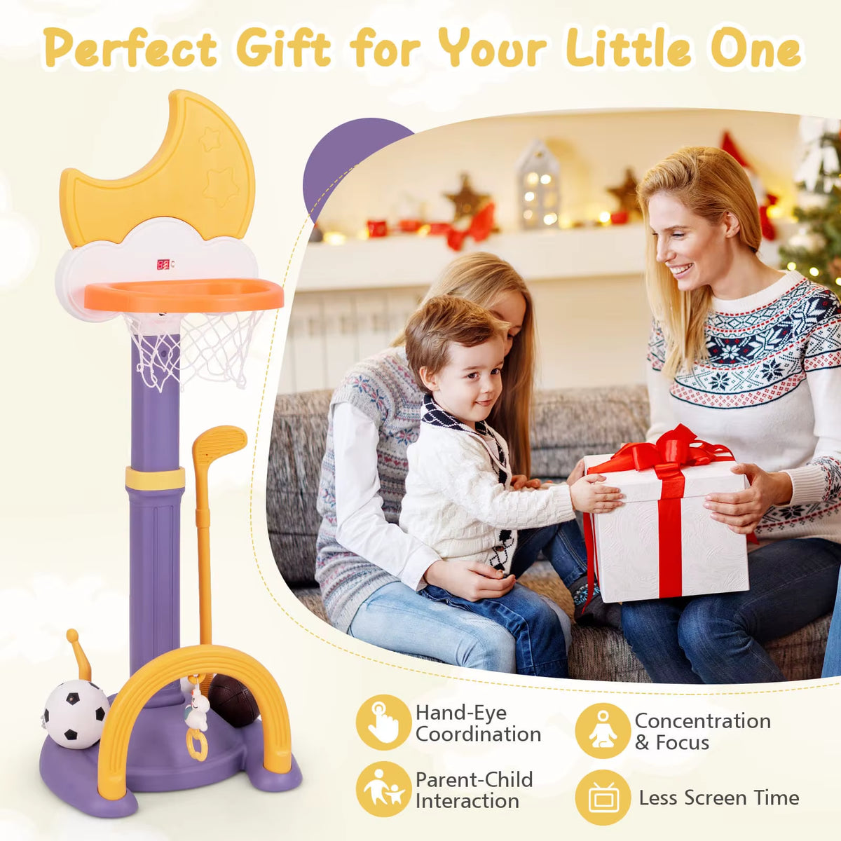 4-in-1 Adjustable Kids Basketball Hoop – Yellow