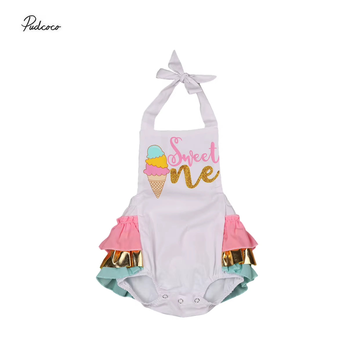 Baby Girl Ice Cream Romper – Ruffled Lace & Bow Outfit