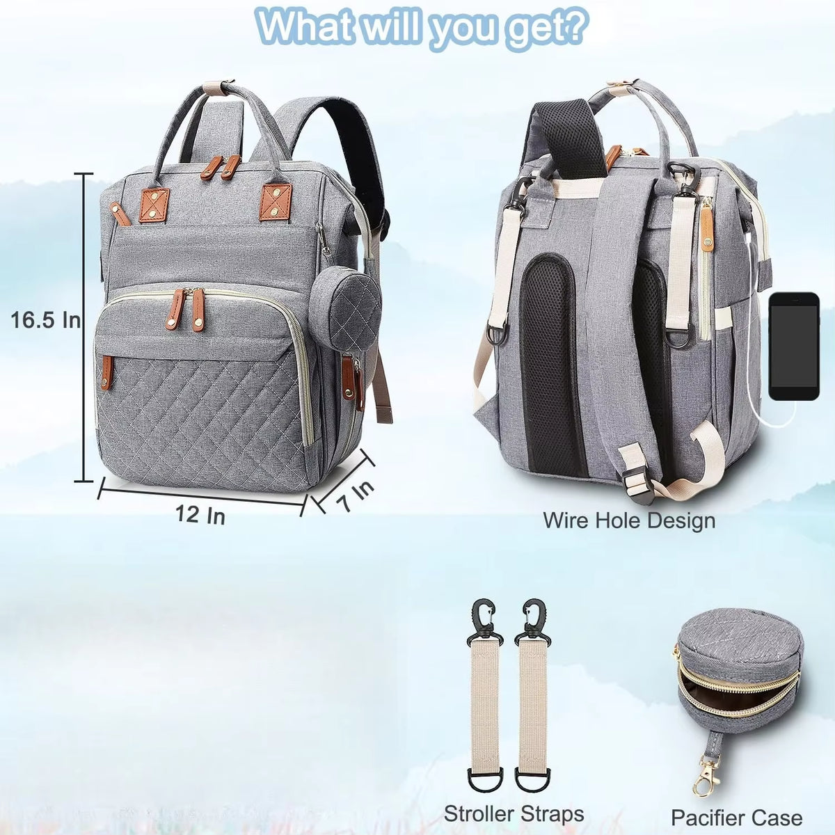 Large Baby Diaper Bag Backpack with Changing Pad & Pacifier Case