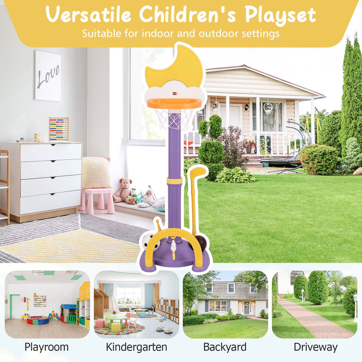 4-in-1 Adjustable Kids Basketball Hoop – Yellow