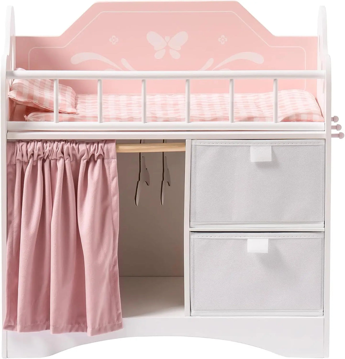 Pink Wooden Baby Doll Crib with Bedding & Storage – Fits Dolls up to 21”