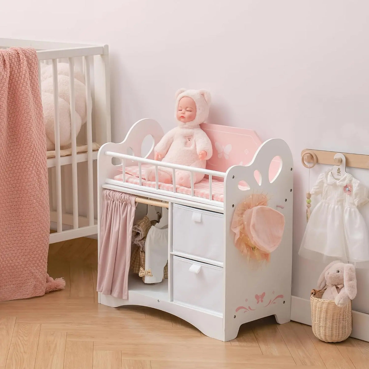Pink Wooden Baby Doll Crib with Bedding & Storage – Fits Dolls up to 21”