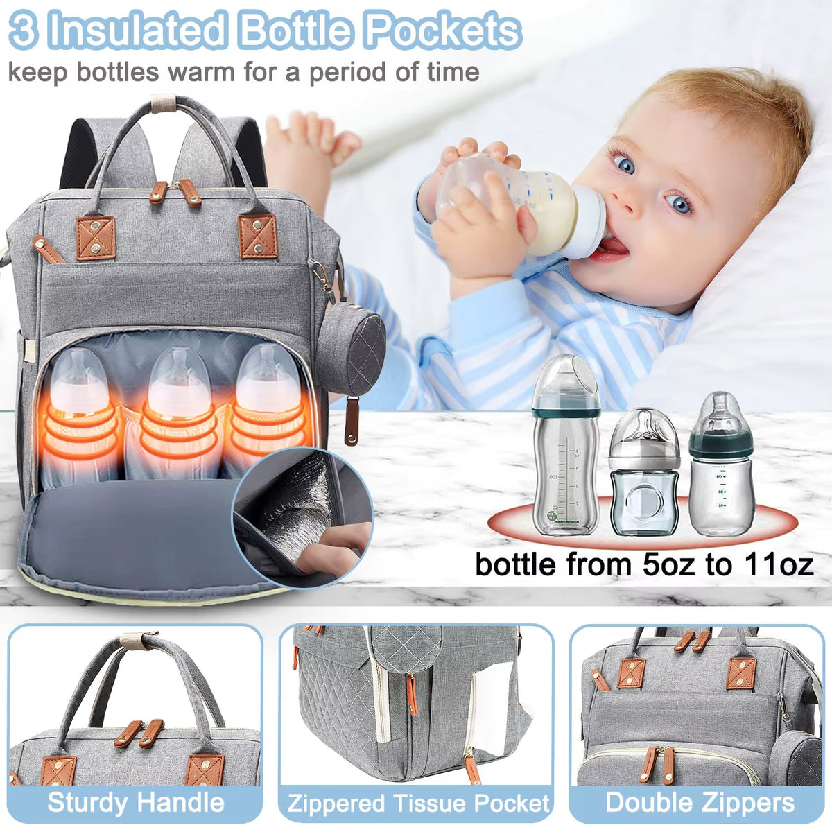 Large Baby Diaper Bag Backpack with Changing Pad & Pacifier Case