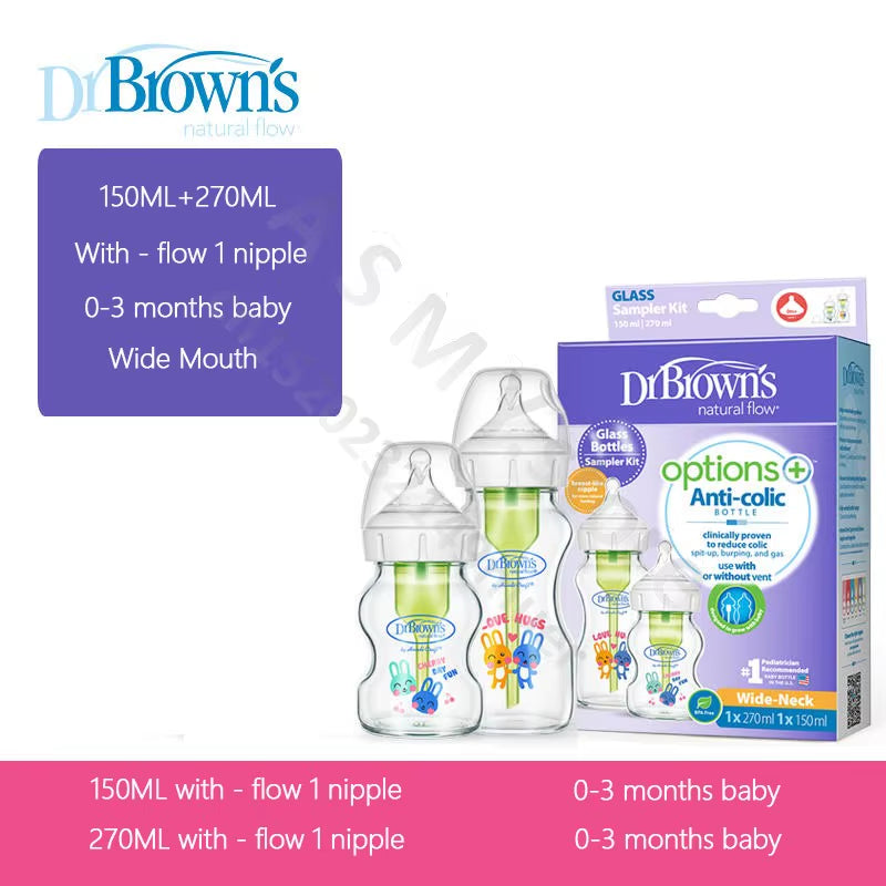 Dr. Brown’s Anti-Colic Glass Baby Bottle Set – 150 ml + 270 ml (Wide-Neck, 2-Pack)