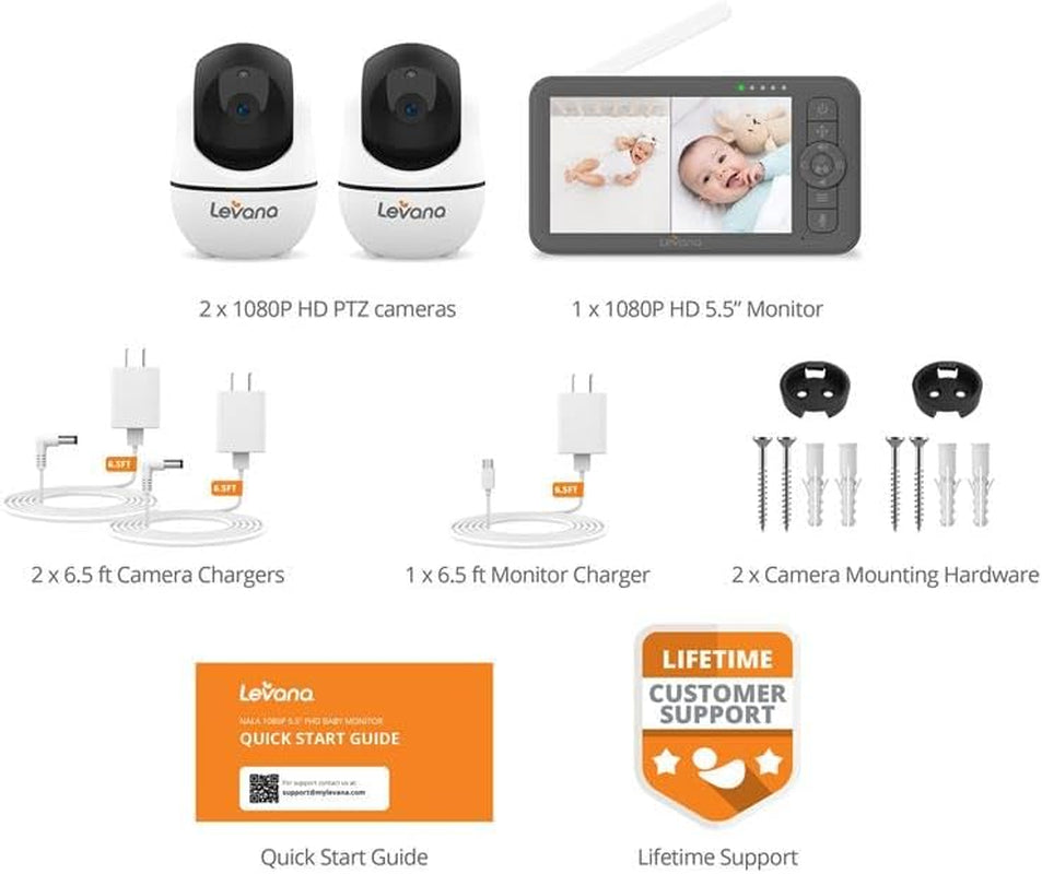 Nala Video Baby Monitor, 5.5" 1080P Screen, 2 Night Vision PTZ Cameras, 22 Hour Battery Life, 5000Mah Battery, No Wifi, Two-Way Talk, 1000Ft of Range Baby Cameras