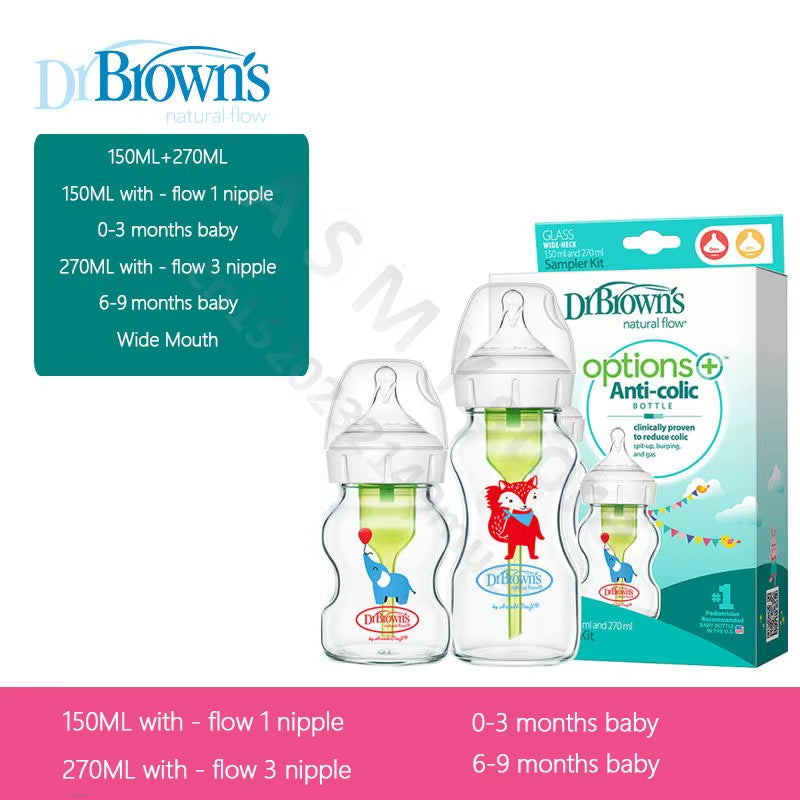 Dr. Brown’s Anti-Colic Glass Baby Bottle Set – 150 ml + 270 ml (Wide-Neck, 2-Pack)