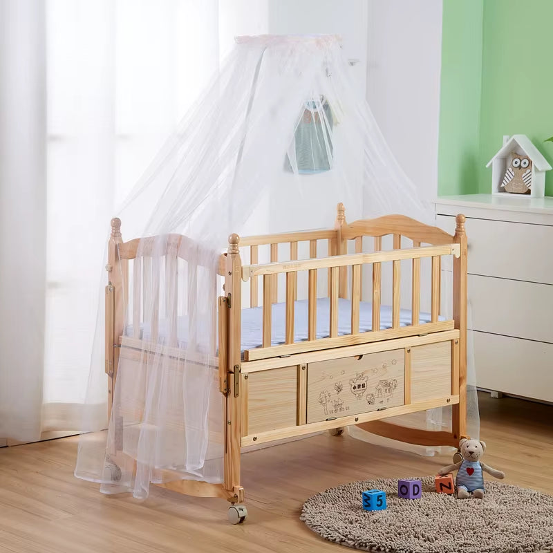 Multi-Functional Pine Wood Baby Crib, Can Combine Adult Bed, BB Rocking Cradle with Mosquito Net