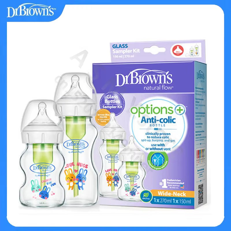Dr. Brown’s Anti-Colic Glass Baby Bottle Set – 150 ml + 270 ml (Wide-Neck, 2-Pack)