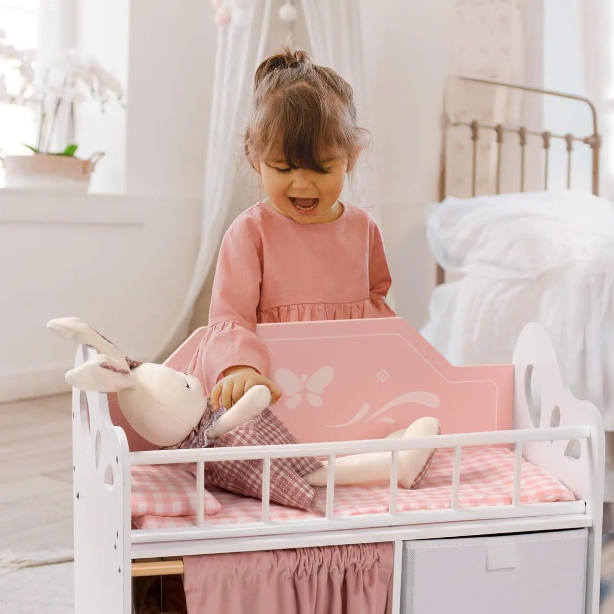 Pink Wooden Baby Doll Crib with Bedding & Storage – Fits Dolls up to 21”