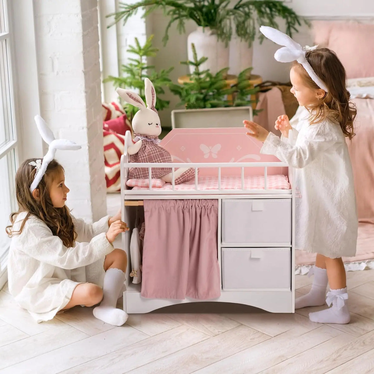 Pink Wooden Baby Doll Crib with Bedding & Storage – Fits Dolls up to 21”