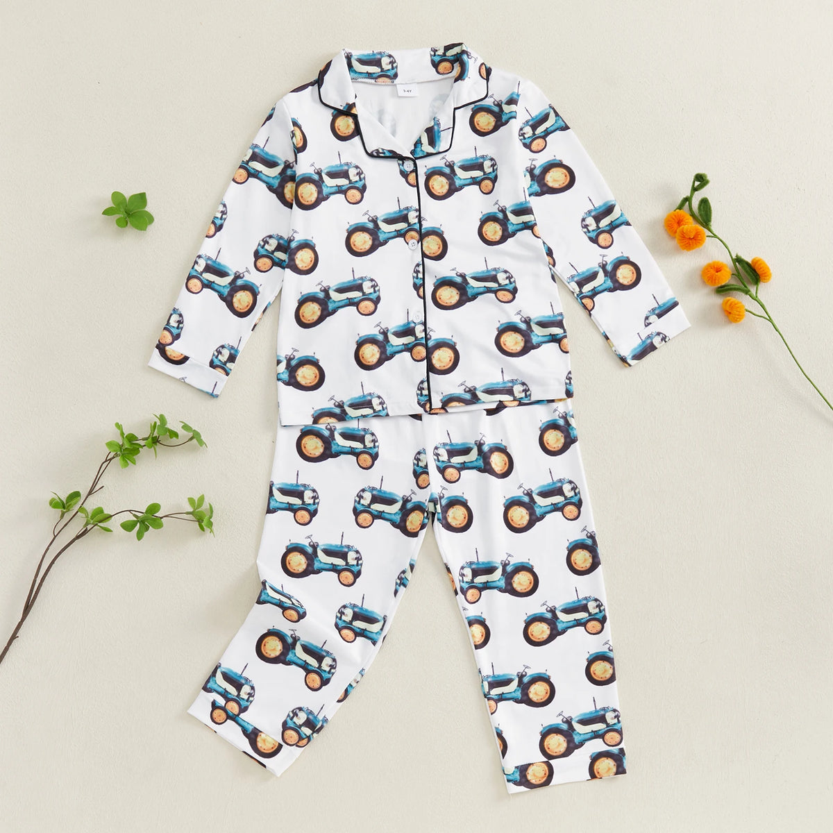 Baby Tractor Pajama Set With Button Shirt And Pants
