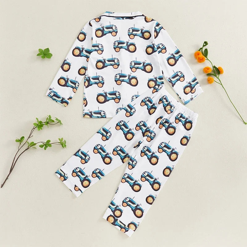 Baby Tractor Pajama Set With Button Shirt And Pants