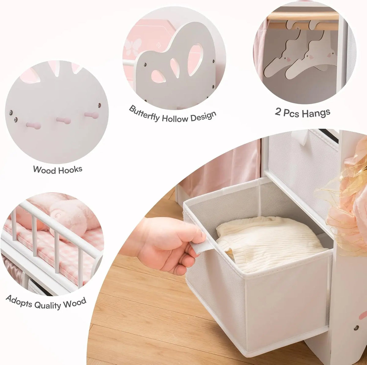 Pink Wooden Baby Doll Crib with Bedding & Storage – Fits Dolls up to 21”