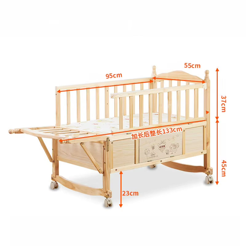 Multi-Functional Pine Wood Baby Crib, Can Combine Adult Bed, BB Rocking Cradle with Mosquito Net