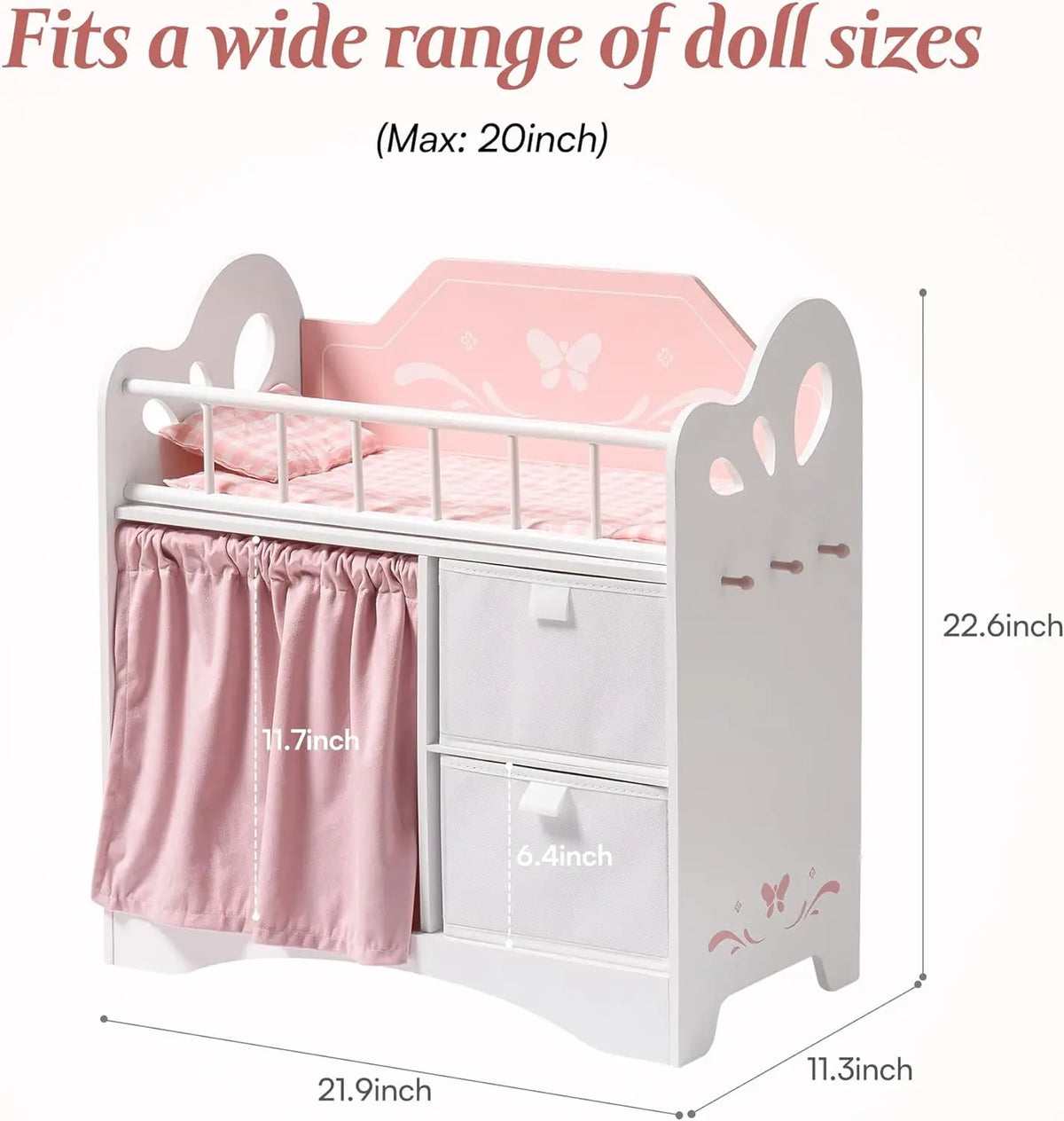 Pink Wooden Baby Doll Crib with Bedding & Storage – Fits Dolls up to 21”