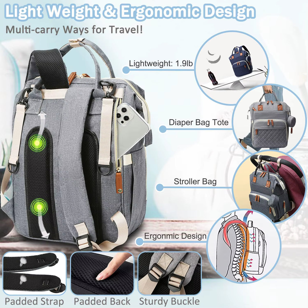 Large Baby Diaper Bag Backpack with Changing Pad & Pacifier Case