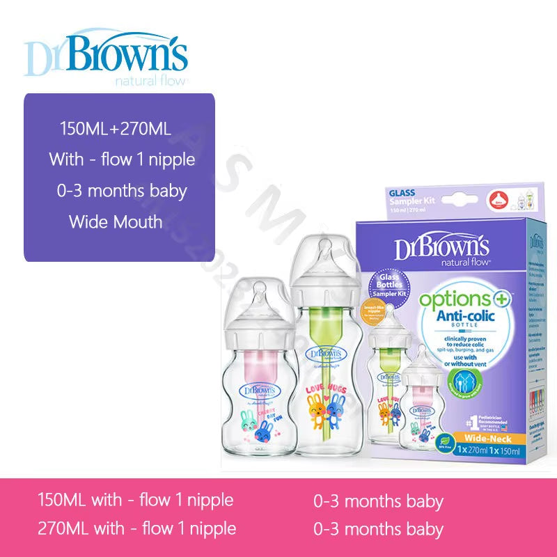 Dr. Brown’s Anti-Colic Glass Baby Bottle Set – 150 ml + 270 ml (Wide-Neck, 2-Pack)