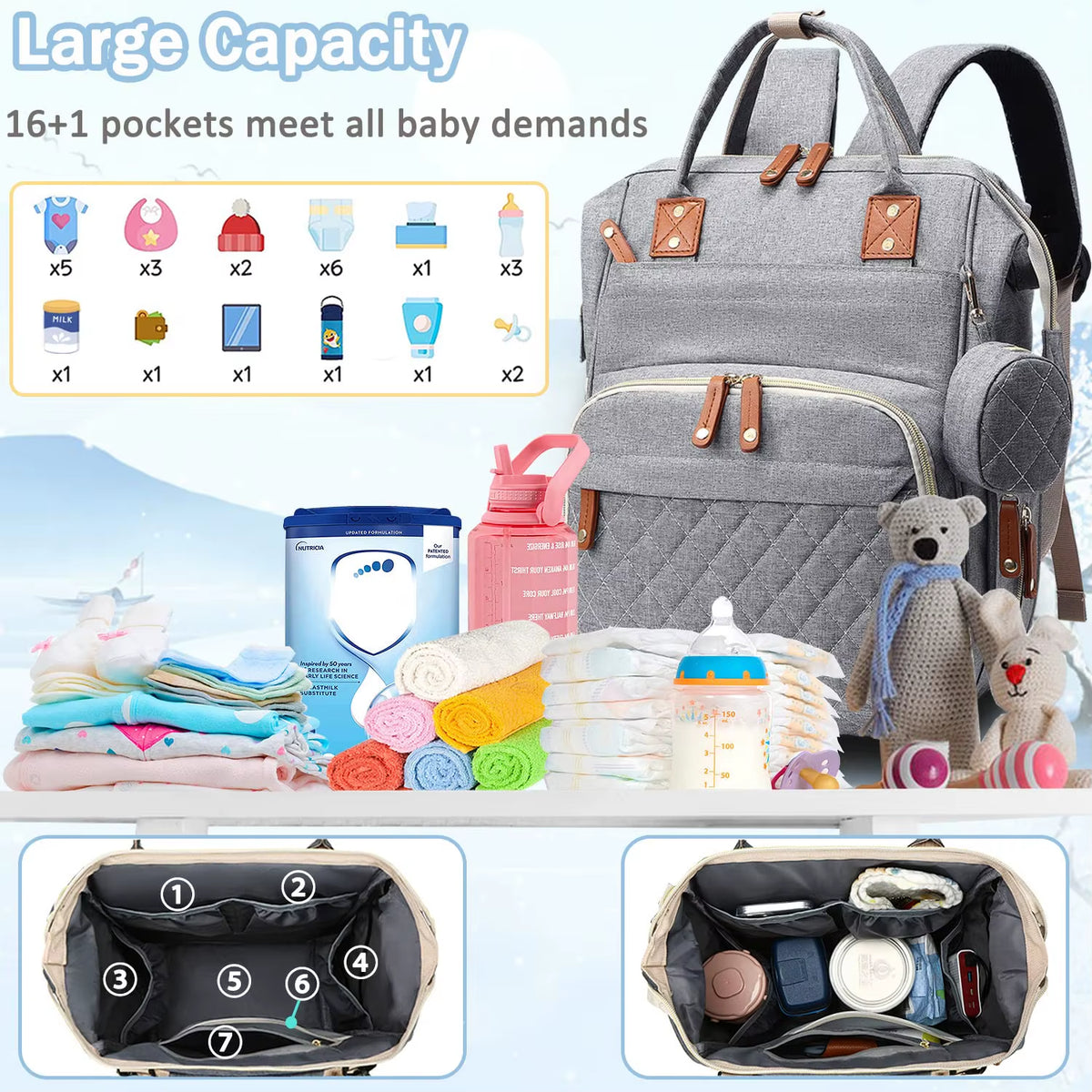 Large Baby Diaper Bag Backpack with Changing Pad & Pacifier Case