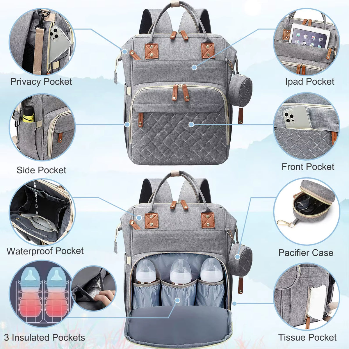 Large Baby Diaper Bag Backpack with Changing Pad & Pacifier Case